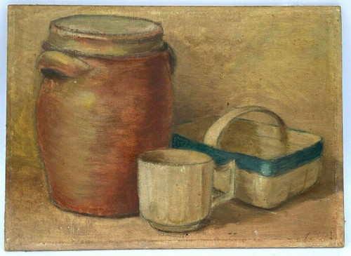 Still life oil on panel stoneware pot and basket 1943