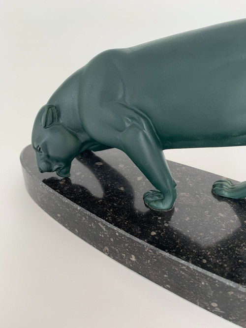 Panther Art Deco 1930 grüne Patina Sockel aus Regula-Marmor