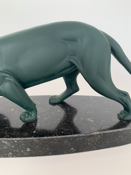 Panther Art Deco 1930 grüne Patina Sockel aus Regula-Marmor