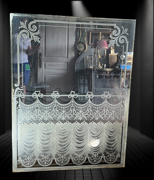 LARGE PAIR OF OLD BISTRO WINDOWS IN FROSTED AND ACID-ETCHED GLASS