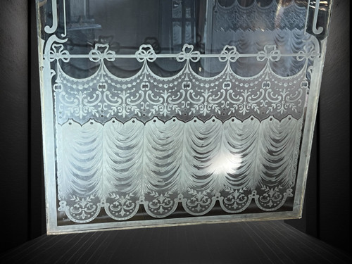 LARGE PAIR OF OLD BISTRO WINDOWS IN FROSTED AND ACID-ETCHED GLASS