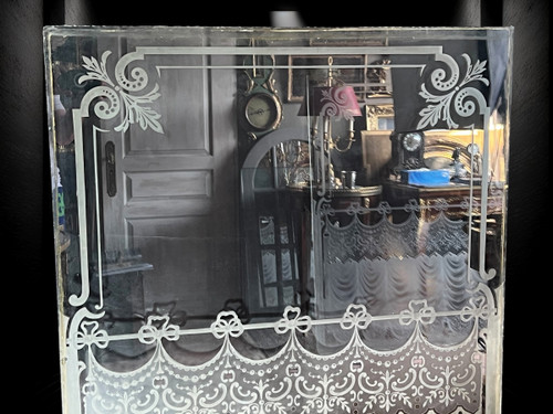 LARGE PAIR OF OLD BISTRO WINDOWS IN FROSTED AND ACID-ETCHED GLASS