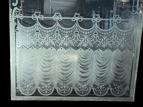 LARGE PAIR OF OLD BISTRO WINDOWS IN FROSTED AND ACID-ETCHED GLASS