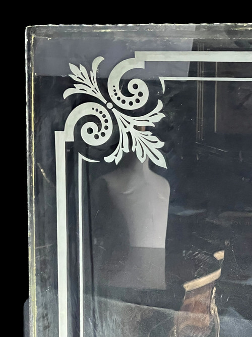 LARGE PAIR OF OLD BISTRO WINDOWS IN FROSTED AND ACID-ETCHED GLASS