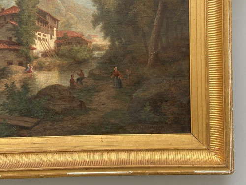 Oil on canvas by Claude Auguste Tamizier 19th century river bank palmettes frame