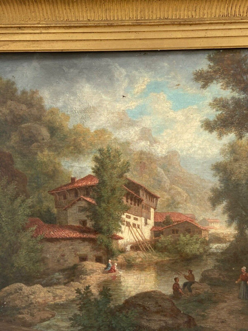 Oil on canvas by Claude Auguste Tamizier 19th century river bank palmettes frame