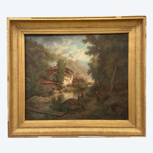 Oil on canvas by Claude Auguste Tamizier 19th century river bank palmettes frame