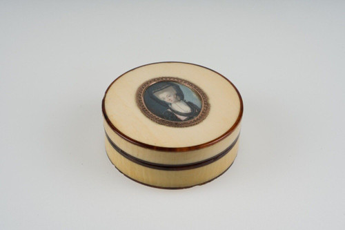 18th-century tortoiseshell box decorated with a miniature of a woman wearing a headdress