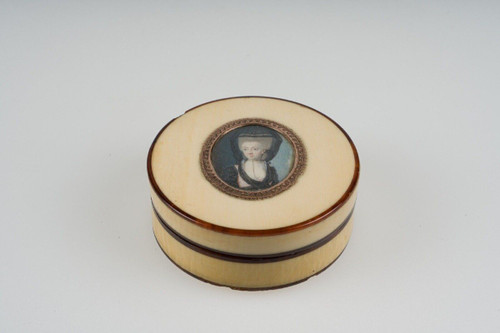 18th-century tortoiseshell box decorated with a miniature of a woman wearing a headdress