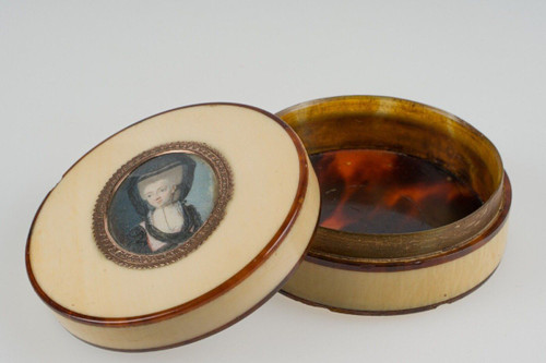 18th-century tortoiseshell box decorated with a miniature of a woman wearing a headdress