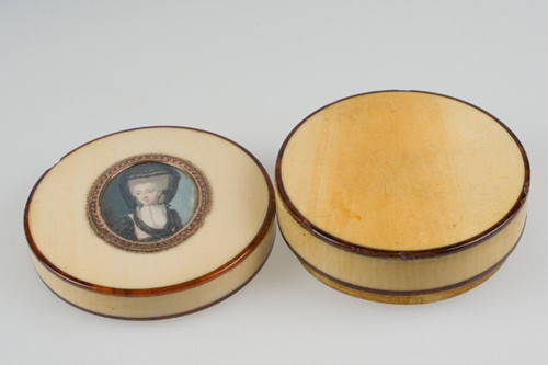 18th-century tortoiseshell box decorated with a miniature of a woman wearing a headdress