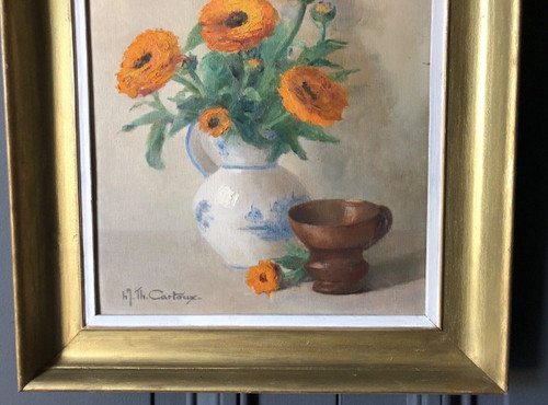 Oil on panel by Th. Cartoux still life bouquet of marigolds 20th century