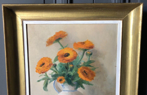 Oil on panel by Th. Cartoux still life bouquet of marigolds 20th century