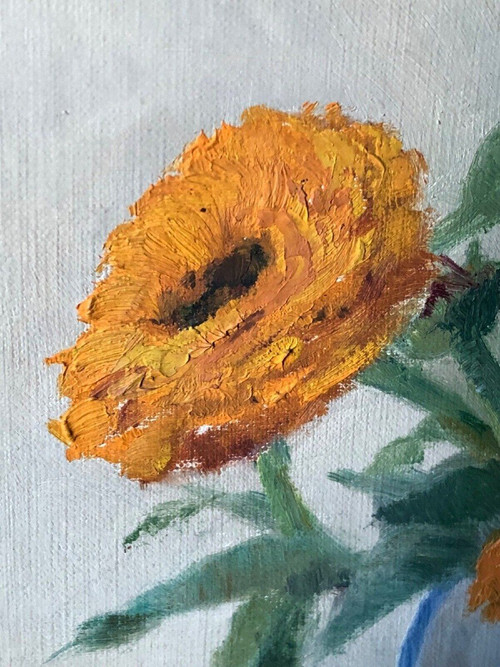 Oil on panel by Th. Cartoux still life bouquet of marigolds 20th century