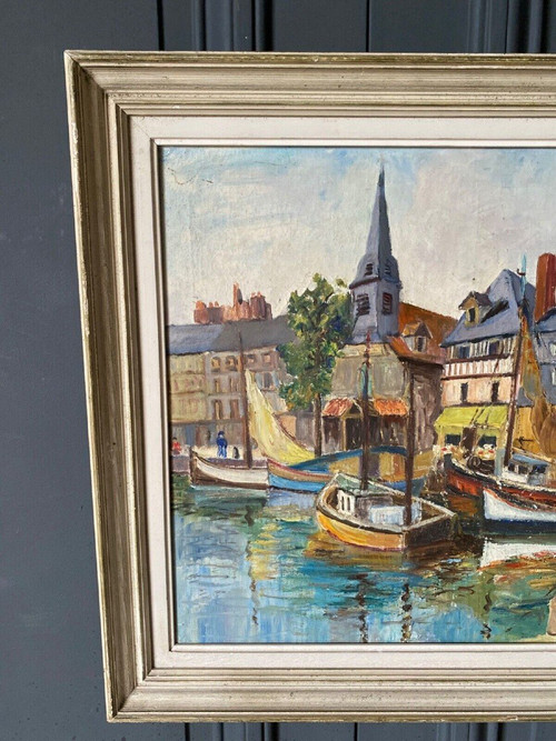 Oil on canvas by Yves Auger depicting Le Port d'Aix-les-Bains 20th century