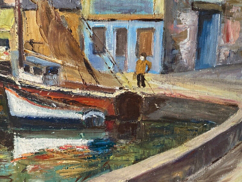 Oil on canvas by Yves Auger depicting Le Port d'Aix-les-Bains 20th century