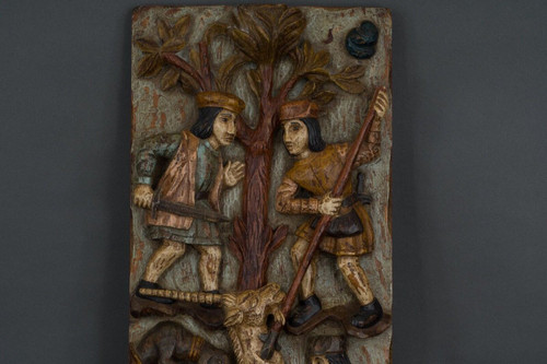 Carved polychrome wood hunting game XXth century decorated with medieval characters