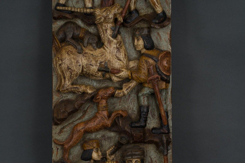 Carved polychrome wood hunting game XXth century decorated with medieval characters