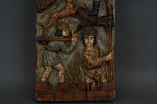 Carved polychrome wood hunting game XXth century decorated with medieval characters