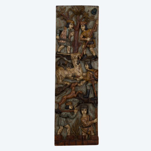 Carved polychrome wood hunting game XXth century decorated with medieval characters