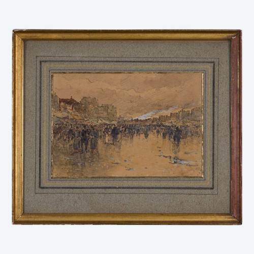 Aquarell auf Papier von Francis Garat Straßenszene Paris XX.