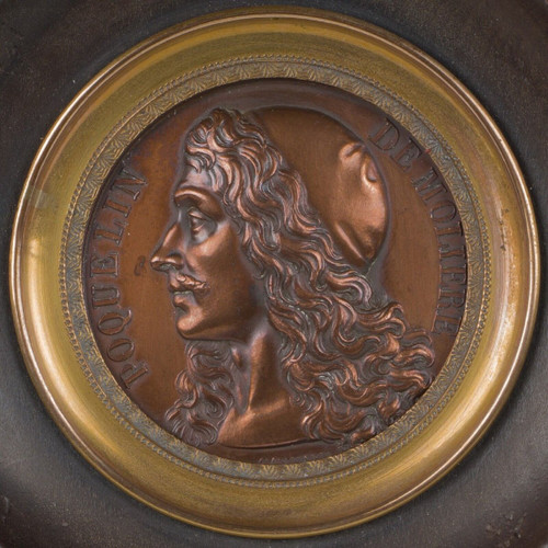 Médaille en bronze Poquelin de Molière Gayrard profil XIXe cadre en bois