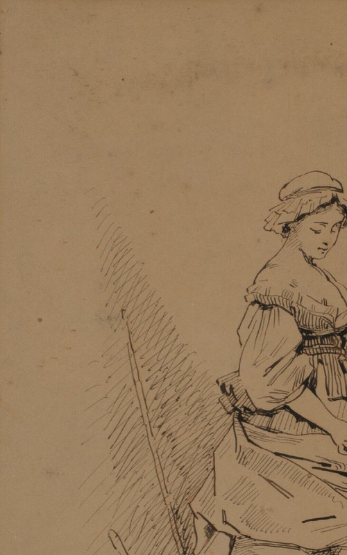 Dessin à la plume par Charles Chaplin jeune femme au fauteuil 1876