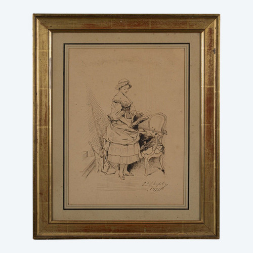 Dessin à la plume par Charles Chaplin jeune femme au fauteuil 1876