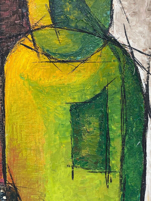 Oil on panel Composition signed Lione S Bouteille 1960