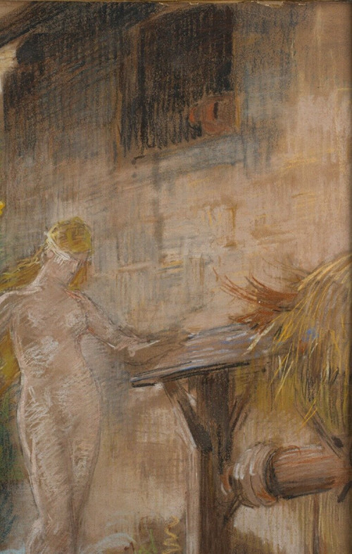 Aquarell auf Papier Junge nackte Frau Liegender Mann 1900