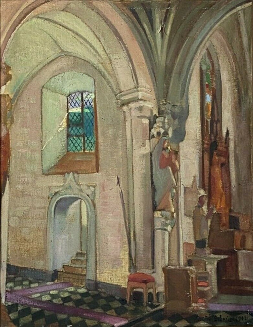 Olio su tela di Martin Dobuin 1941 Interno della chiesa Doppio volto