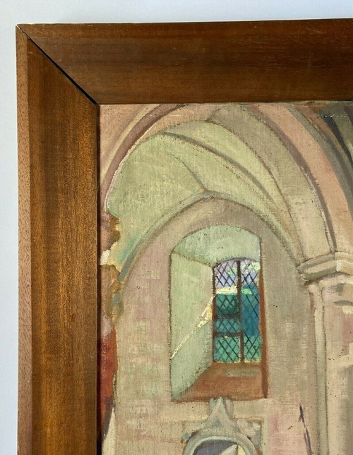 Olio su tela di Martin Dobuin 1941 Interno della chiesa Doppio volto