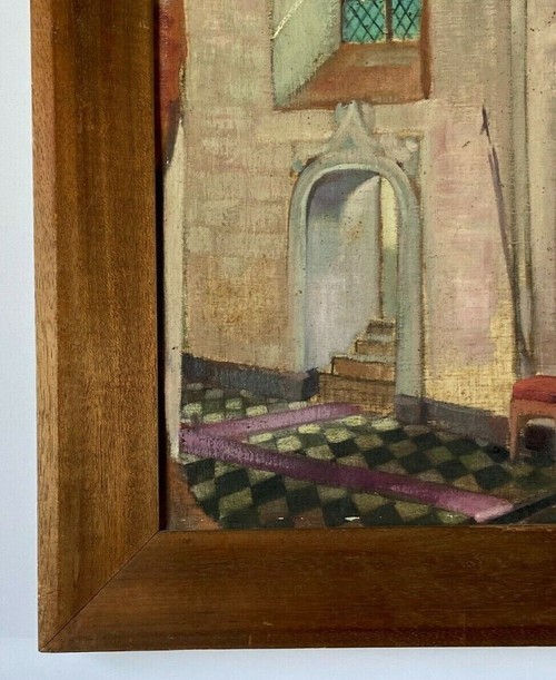 Olio su tela di Martin Dobuin 1941 Interno della chiesa Doppio volto