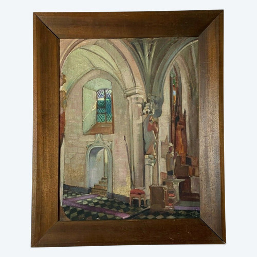 Olio su tela di Martin Dobuin 1941 Interno della chiesa Doppio volto