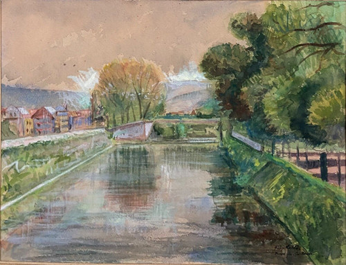 Aquarelle sur papier par Félix Labbé Brive-la-Gaillarde bord de canal XXe