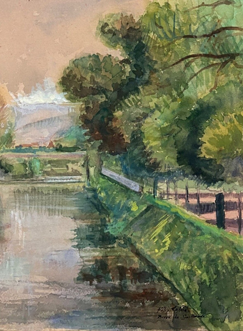 Aquarelle sur papier par Félix Labbé Brive-la-Gaillarde bord de canal XXe