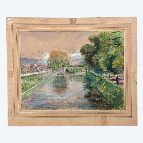 Aquarelle sur papier par Félix Labbé Brive-la-Gaillarde bord de canal XXe