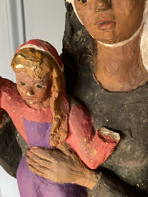 Virgin and Child in Breton plaster 1900 polychrome modeling