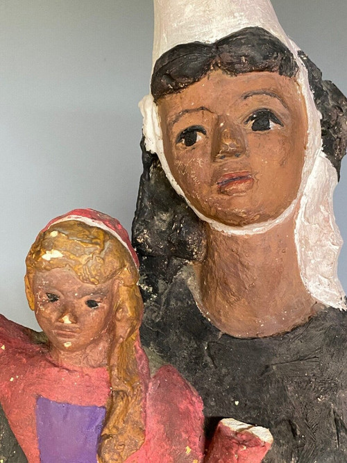 Virgin and Child in Breton plaster 1900 polychrome modeling