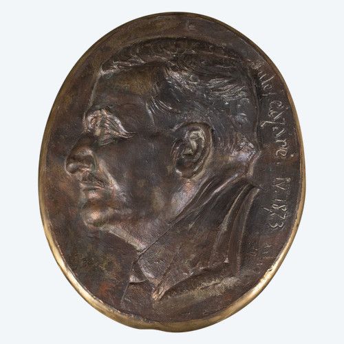 Medaglione in bronzo del XIX secolo Jules Cazare profilo di un uomo 1873