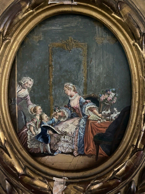 Miniature signed French school 19th century Interior scene Oil on copper