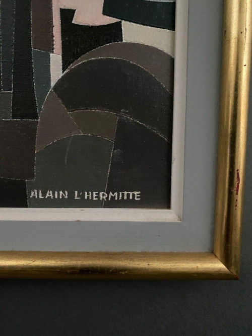 Olio su tela Alain L'Hermitte Lhermitte architettura geometrica del XX secolo