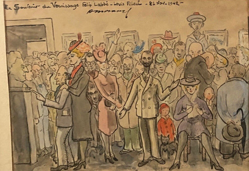 Aquarelle sur papier caricature Abel Moranas Vernissage Félix Labbé 1942