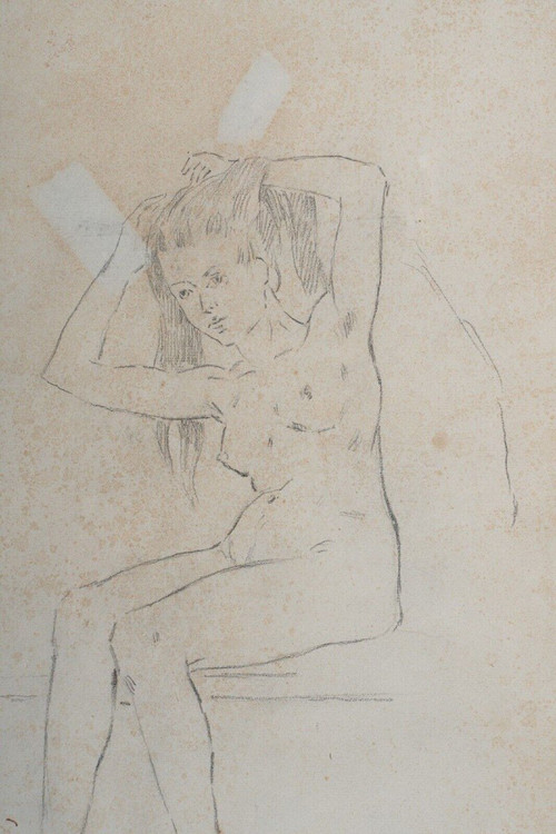 Drawing of a naked woman The Model by Ferdinand du Puigaudeau in a golden frame