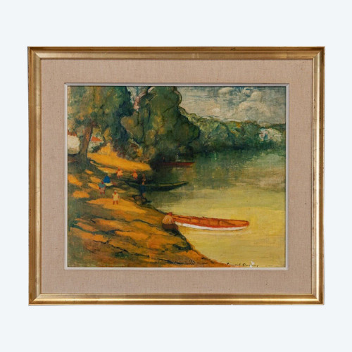 Oil on panel by Bernard Devanne Nantes At the water's edge 20th century