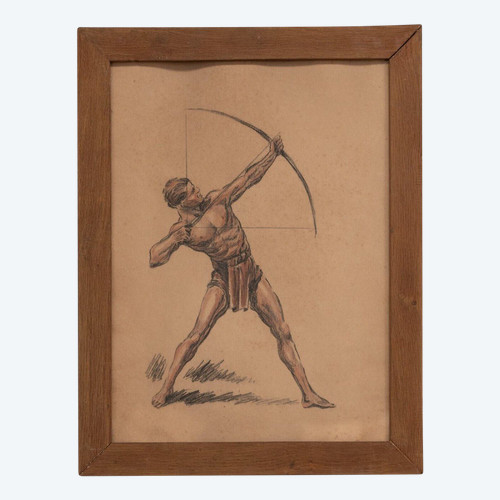 Charcoal drawing sanguine Archer Fine Arts pitch pine frame 1930