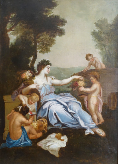 Ecole Française du XVIIIe siècle : scène bacchanale néoclassique, grande HST - 144cm x 111cm