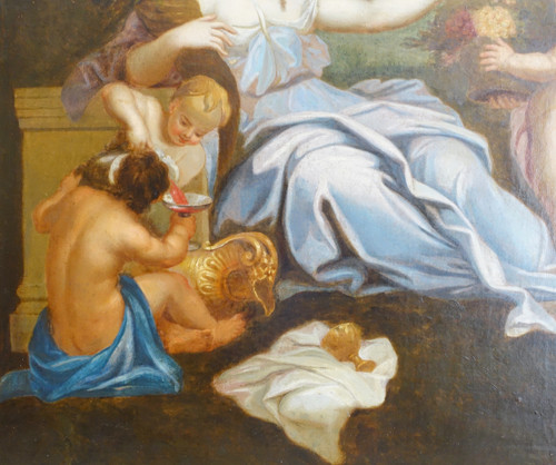 Ecole Française du XVIIIe siècle : scène bacchanale néoclassique, grande HST - 144cm x 111cm