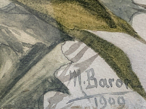 Aquarell auf Papier M. Baron oder Baror zur Identifizierung des Blumenstraußes von 1909