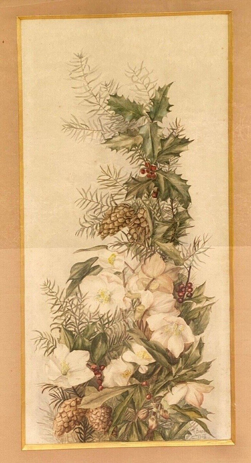 Aquarell auf Papier M. Baron oder Baror zur Identifizierung des Blumenstraußes von 1909